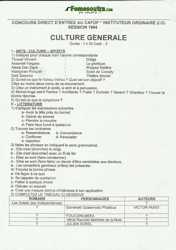 Sujet de Culture générale CAFOP 1994