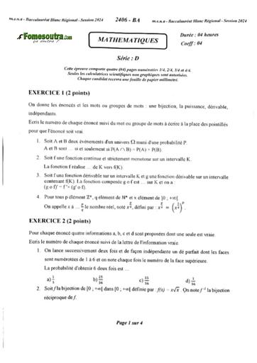 Bac blanc régional 2024 Maths série D sujet+barème dren Abidjan 2 by Tehua