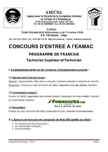 Concours d’entrée a l’EAMAC programme de Français - Technicien Supérieur et Technicien