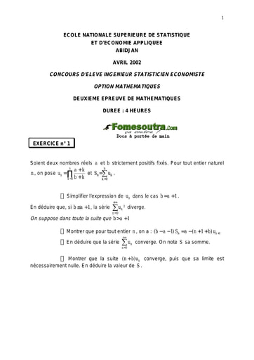 Sujet 2ème épreuve de maths ISE option maths 2002 (ENSEA)