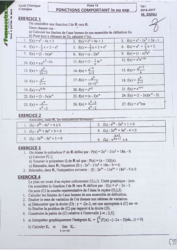 Sujets de Maths Logarithme et exponentielle niveau Terminale A1 - Lycée classique d'Abidjan