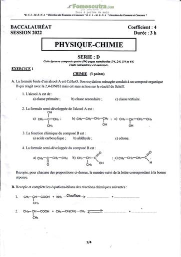 SUJET+CORRIGE PC BAC D 2022