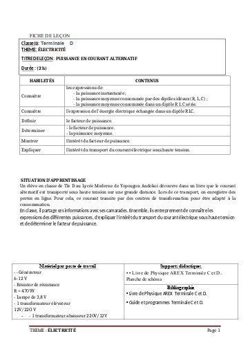 FICHE DE COURS PC Tle D L13 PUISSANCE EN COURANT ALTERNATIF by TEHUA