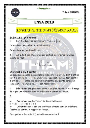 Epreuve de maths—ENSA 2019 THIAM SCIENCE by TEHUA