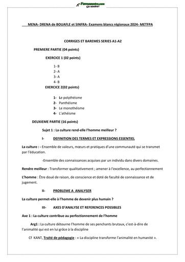 BAC BLANC PHILO SERIE A CORRIGE ET BAREME  2024 BY TEHUA