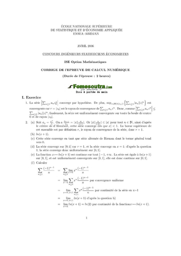 Corrigé Calcul numérique ISE option maths 2006 (ENSEA - ISSEA)