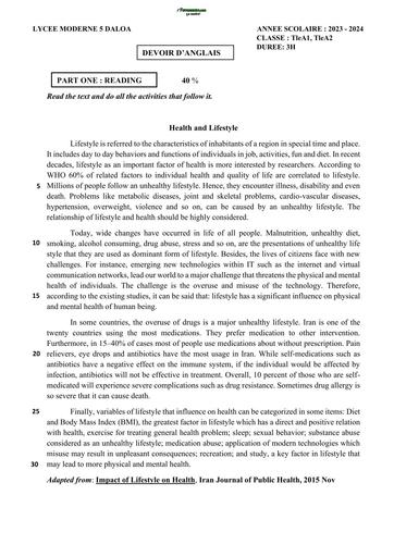 DEVOIR D'ANGLAIS Niveau Tle A lifestyle 2 Health and lifestyle by TEHUA