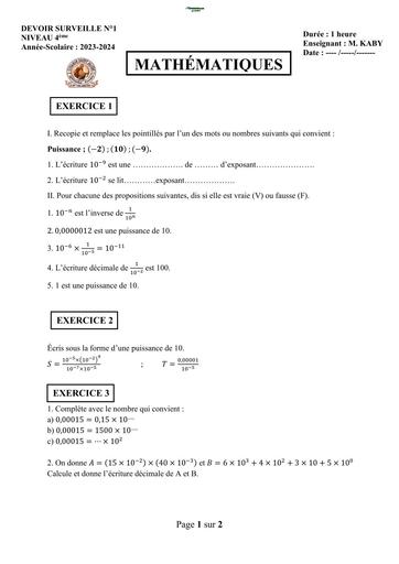 DEVOIR DE MATHS NIVEAU 4ième TRIMESTRE 1 2024 BY TEHUA