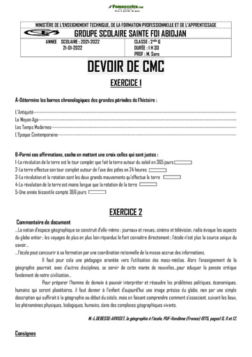 Devoir CMC 2nde G 2020 2021 collège Sainte Foi Abobo