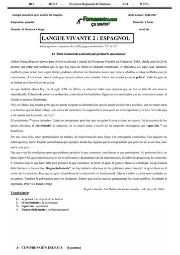 DEVOIR D'ESPAGNOL NIVEAU Tle EN AFRICA BY TEHUA