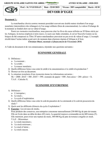 Devoir Economie Générale niveau 3 BT comptabilité Groupe Scolaire Sainte Foi