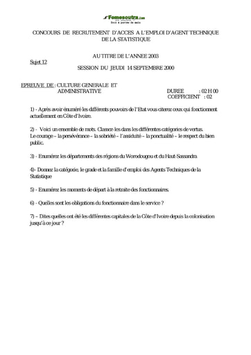 Sujet corrigé de culture générale et administrative - Agent Technique de la Statistique