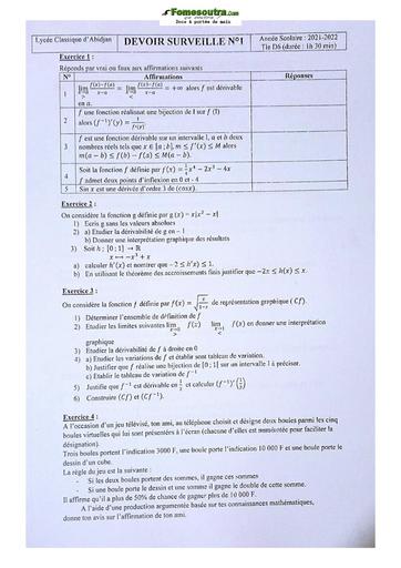 Sujet de Mathématiques Terminale D Lycée Classique 2021-2022