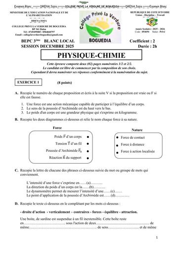 EXAMEN BLANC LOCAL  BEPC 2026 PC 3ième DREN ISSIA BY TEHUA