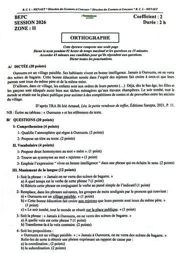 BEPC 2026 Orthographe zone 2 B Sujet Côte d'Ivoire By TEHUA