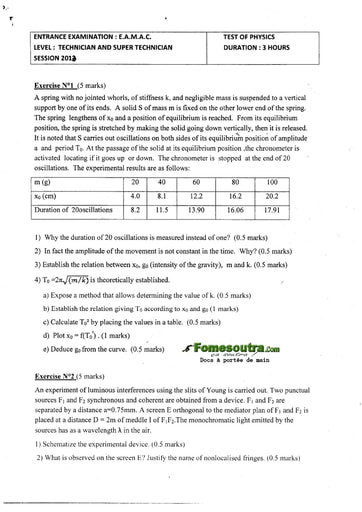 Sujet de Physique Concours EAMAC cycle Technicien Supérieur et Technicien session 2013