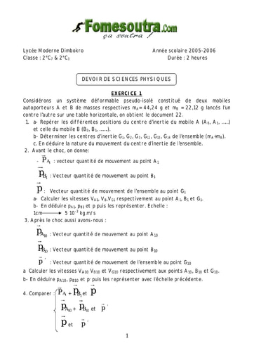 Devoir 5 de Physique-Chimie niveau 2nd C