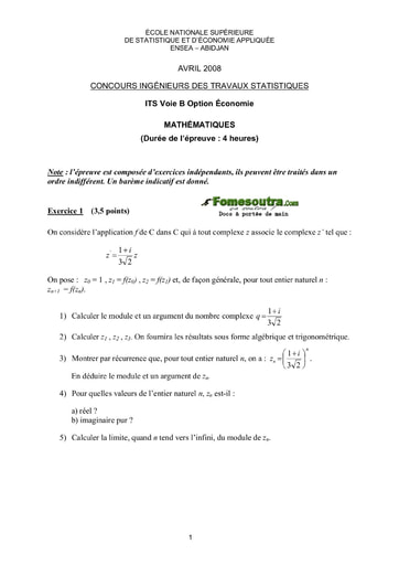 Sujet de Maths ITS B option Economie 2008 (ENSEA)