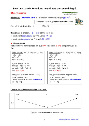 Fonction carré - Fonctions polynômes du second degré
