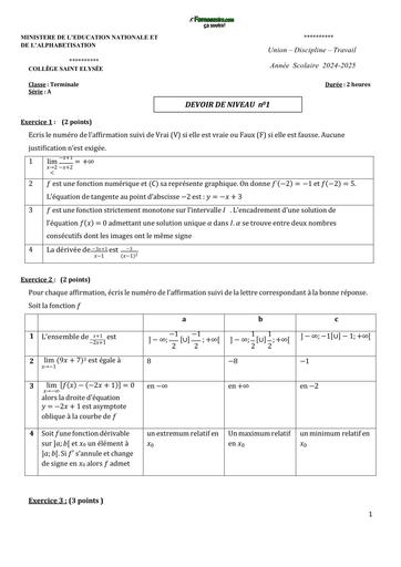 SUJET Tle A devoir MATHS tle A2 Saint Elysée BY TEHUA
