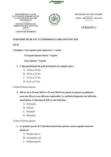 INFAS EXAMEN BLANC COMPLET KORHOGO PEDIATRIE BY TEHUA
