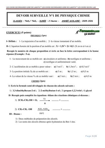 DEVOIR N°1 PC Tle D BY TEHUA