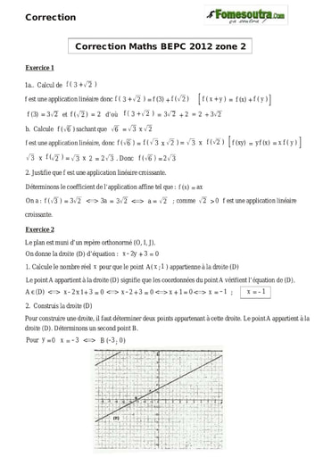 Corrigé de mathématique BEPC 2012 Zone 2