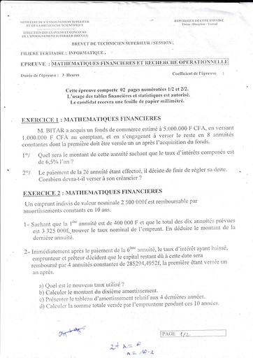 SUJET MATH FINE ET RECHERCHE OPERATIONNELLE