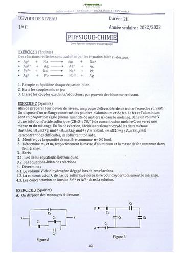 Sujet de Physique-Chimie Première C Lycée Classique Abidjan 22-23