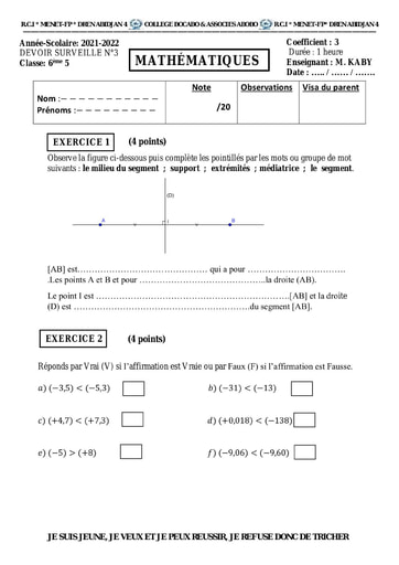 Devoir 6ème