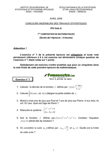 Sujet 1ère épreuve de maths ITS A 2008 (ENSAE - ISSEA)