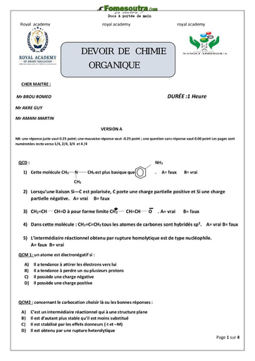 Sujet de Chimie Organique - Tronc Commun - Université Nangui Abrogoua