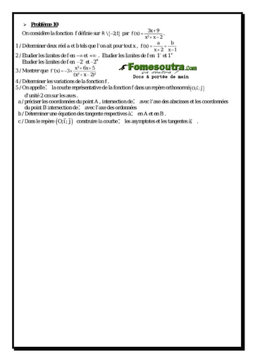 Problème (10) Etude d'une fonction rationnelle - Maths Terminale D