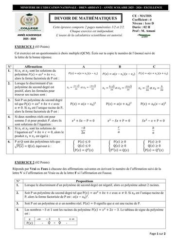 SUJET 1ière D Devoir Maths 1ere D Excellence Trim1 BY TEHUA