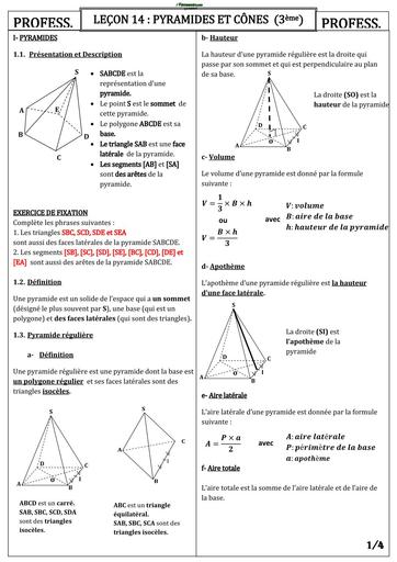 RESUME DE COURS MATHS 3ième PYRAMIDE ET CONE+ EXERCICES BY TEHUA