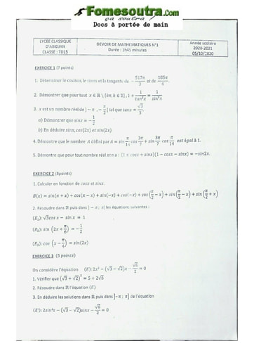 Devoir de Mathématique Terminale D 2020-2021