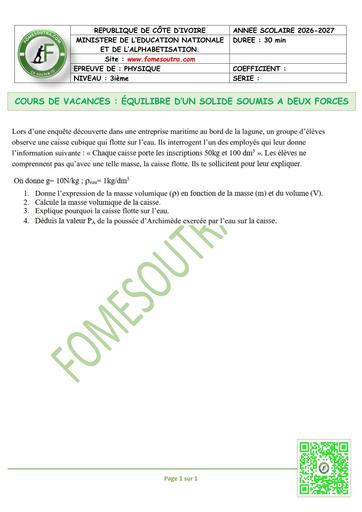 FICHE 6 PC 3ième L3 ÉQUILIBRE D’UN SOLIDE SOUMIS A DEUX FORCES by TEHUA