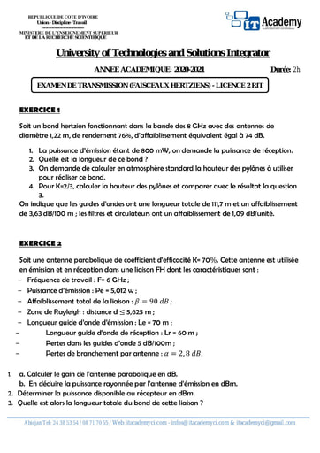 EXAMEN FINAL TRANSMISSION PAR FAISCEAUX HERTZIENS bts 2 RIT