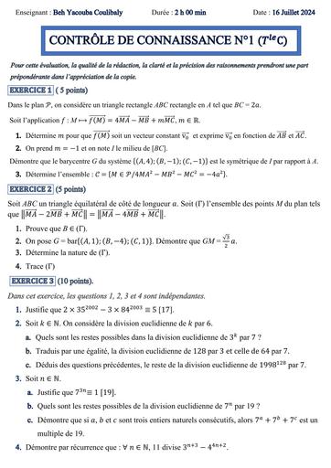 Maths CONTRÔLE DE CONNAISSANCE N°1 (Tle C) Hinnet biabou by Tehua