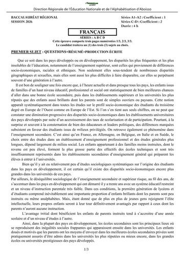 BAC BLANC 2026 DRENA ABOISSO SUJET Français serie ABCD (SUJET) by TEHUA