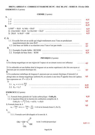 Bac blanc 2026 PC série D barème février 2026 Drena Abidjan 4 By Tehua