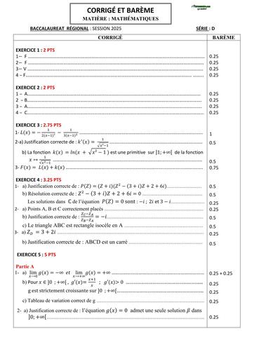 Corrigé et Barème BAC Blanc Régional Maths Série D 2025 by TEHUA
