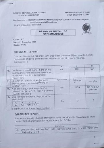 Devoir de maths Tle D CSM de cocody by Tehua