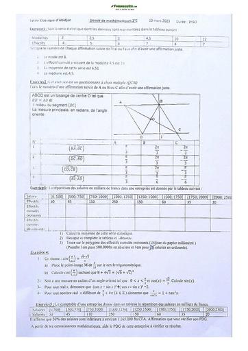 Sujet de Mathématiques Seconde C Lycée Classique Abidjan 22-23