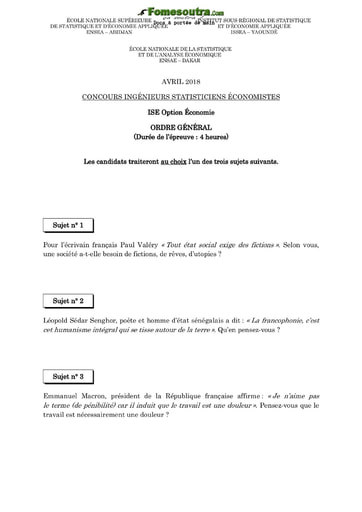 Tous les Sujets et Corrigés - Concours ISE option économie 2018 (ENSEA - ISSEA - ENSAE)