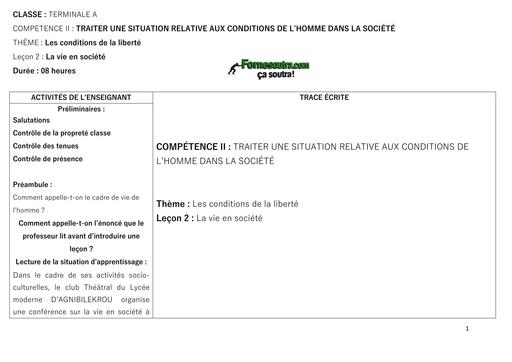 FICHE DE COURS PHILO Tle A COMP 2 LECON 2 LA VIE EN SOCIETE  by TEHUA Copy