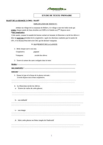 COURS DE VACANCES PRIMAIRE ETUDE DE TEXTE SUJET 1B CM BY TEHUA