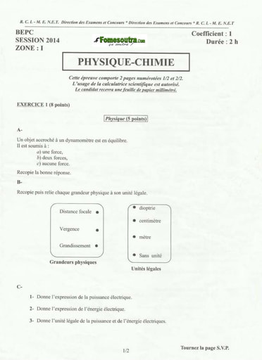 Sujet de Physique Chimie BEPC 2014 zone 1