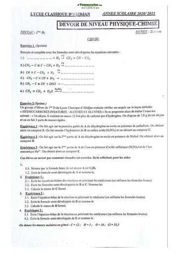Sujet de Physique-Chimie Niveau Première D Lycée Classique Abidjan 2022-2023