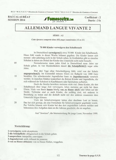 Sujet d'Allemand BAC A2 2014